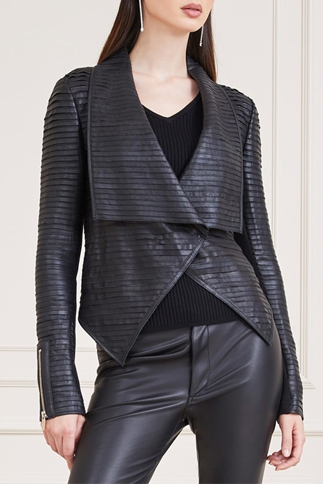 SHAYNA DRAPE LEATHER JET BLACK BLAZER 1