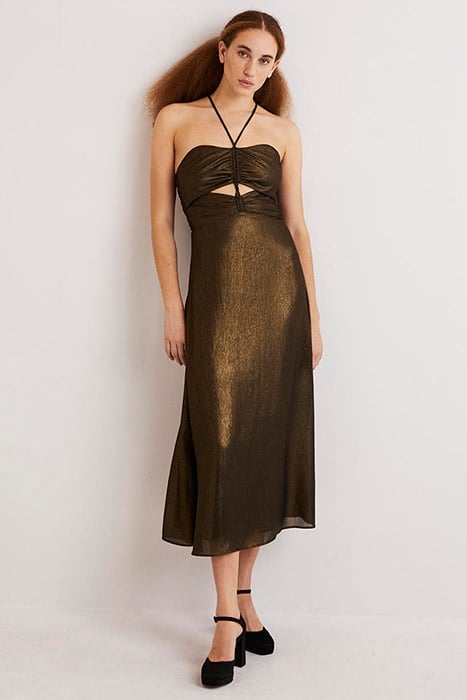 METALLIC HALTERNECK MIDI DRESS GLD 1