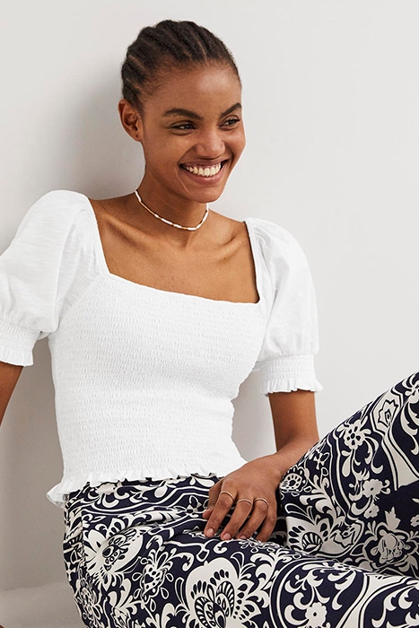 SQUARE NECK SMOCKED JERSEY TOP WHT 2