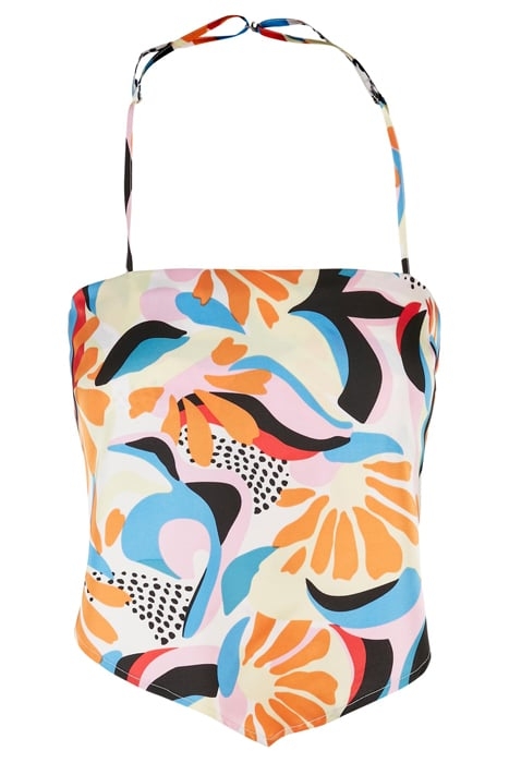 LADIES CROPPED AOP SATIN TRIANGLE TOP MAGICMANGOABSTRACT 1