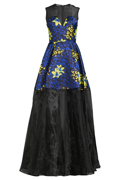 WOMEN‘S FLORAL FABRIC EVENING GOWN BLUE LILLY PRINT/ BLACK 3