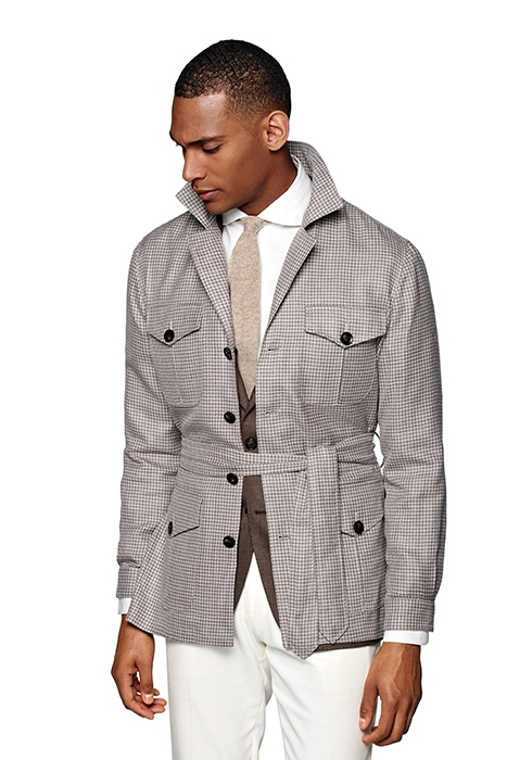 TAUPE HOUNDSTOOTH BELTED SAFARI JACKET 1