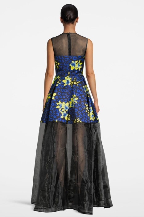 WOMEN‘S FLORAL FABRIC EVENING GOWN BLUE LILLY PRINT/ BLACK 2