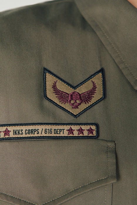 KHAKI TENCEL SAFARI JACKET, ARMY BADGES AND BELT 5