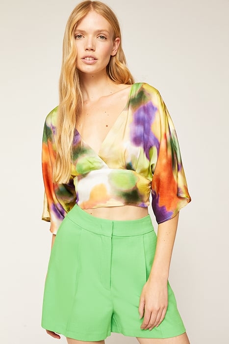 SHORT BLOUSE WITH FLOWER-PATTERNED BACK BOW LIGHT GREEN 1