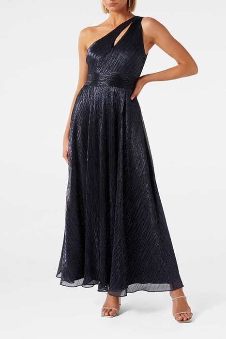 BILLIE ASYMM PLISSE MIDI DRESS NAVY 1