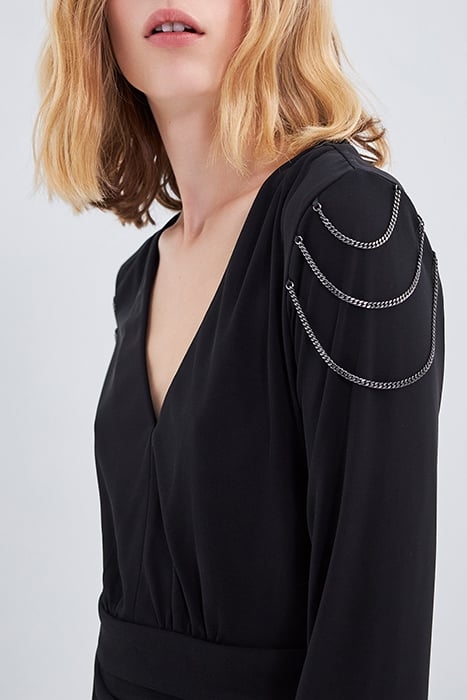 WOMEN'S SHORT BLACK BELTED V-NECK DRESS 6