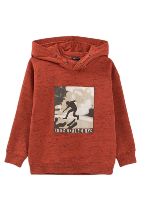 BOYS’ DARK RED MARL HOODIE WITH SKATEBOARDER IMAGE 1