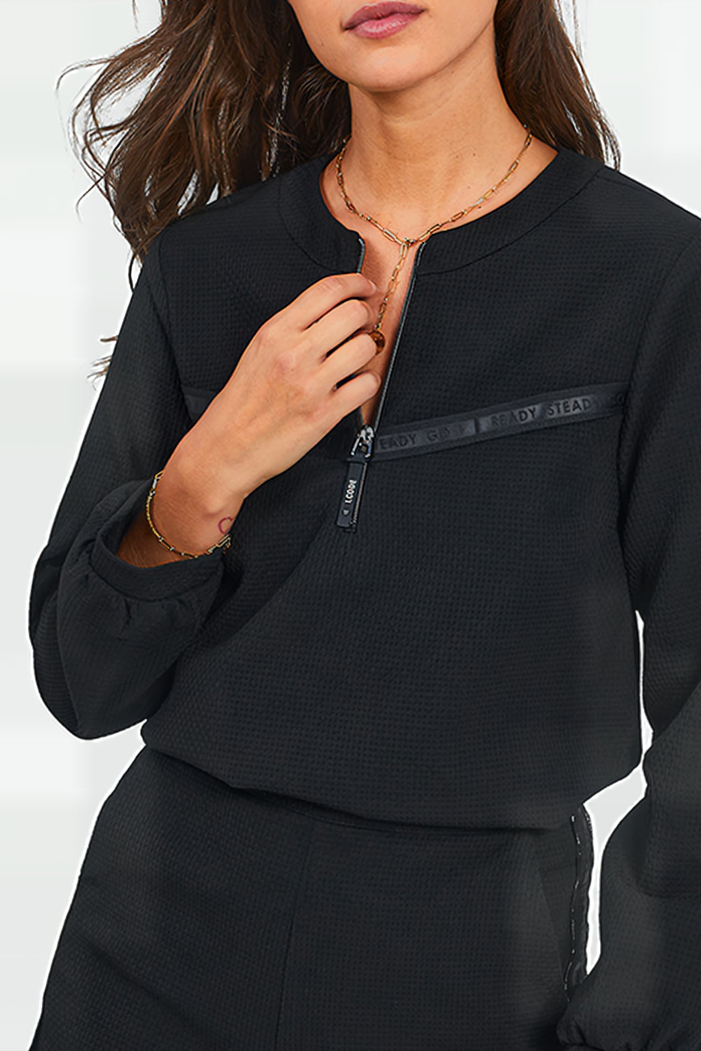BLACK WAFFLE-KNIT BLOUSE WITH LETTER BAND 2