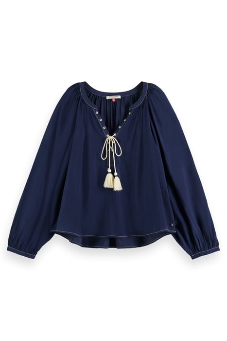 BALLOON SLEEVE LACE UP TOP NAVY BLUE 1