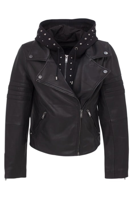 BLACK LEATHER BIKER-STYLE JACKET, ZIPPED FACING BLACK 4