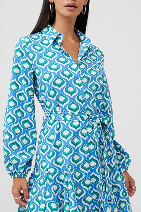 PRINTED LS SHIRT BELTED DRESS BLUE 4