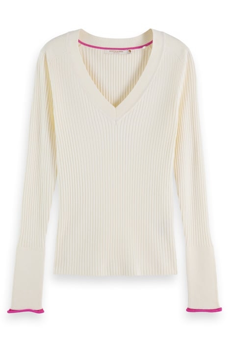 SKINNY RIB V NECK PULLOVER ECRU MELANGE 4