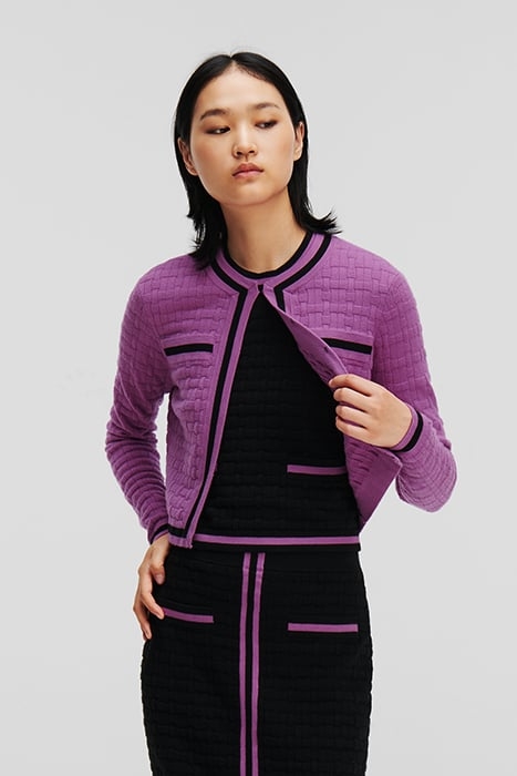 TEXTURED CLASSIC KNIT CARDIGAN IRIS ORCHID/BLACK 1