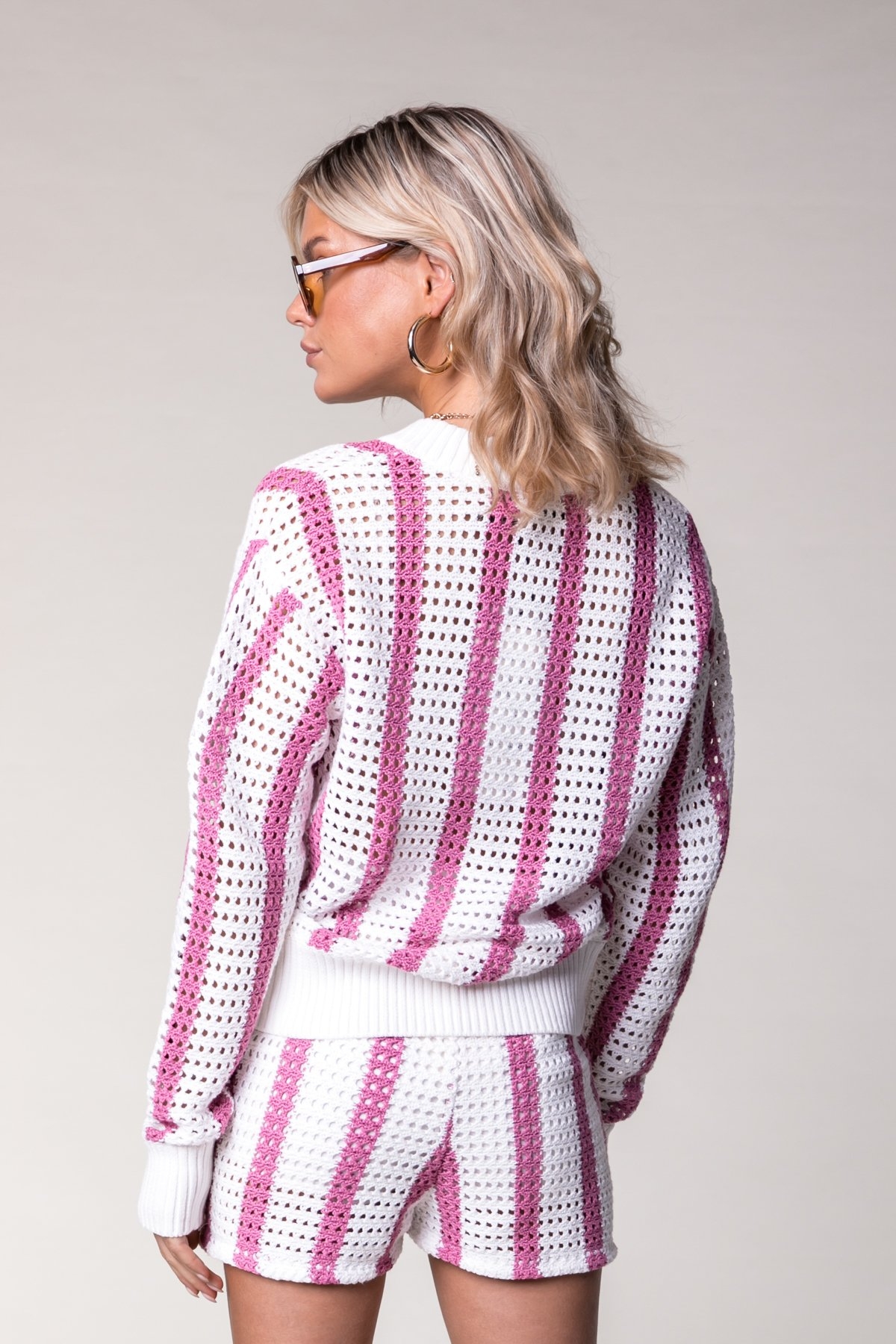 LIZZA CROCHET STRIPE V-NECK SWEATER MEDIUM PINK 2