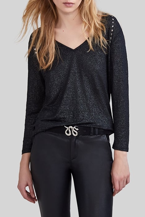BLACK STUDDED FOIL LINEN T.SHIRT 1