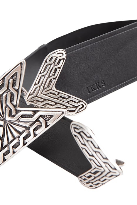 BLACK LEATHER DRESS BELT, ENGRAVED METAL BUCKLE 3