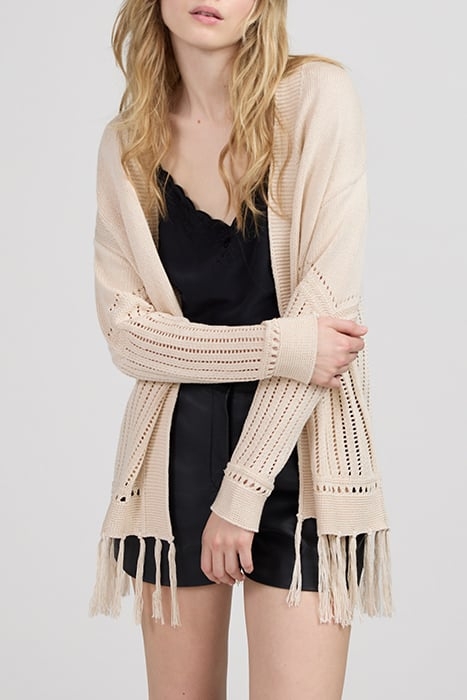 ECRU OPENWORK KNIT CARDIGAN WITH FRINGED EDGES 1