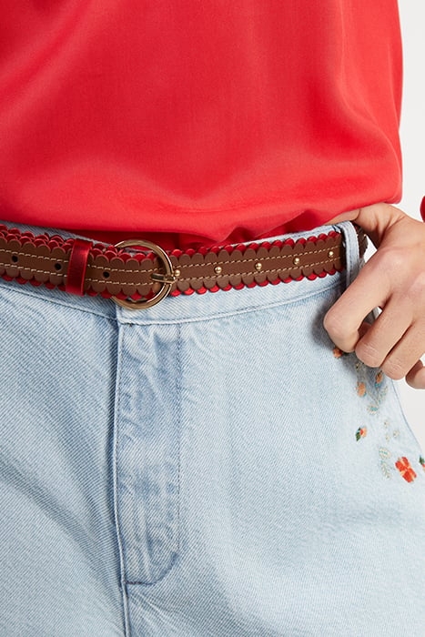 CAMEL AND METALLIC RED LEATHER BELT 2
