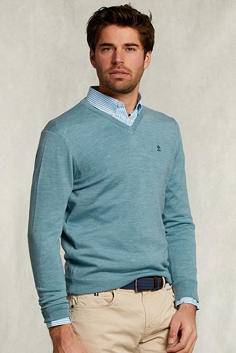 CUSTOM FIT MERINO V-NECK PULLOVER DARK SISAL MIX BLUE 1
