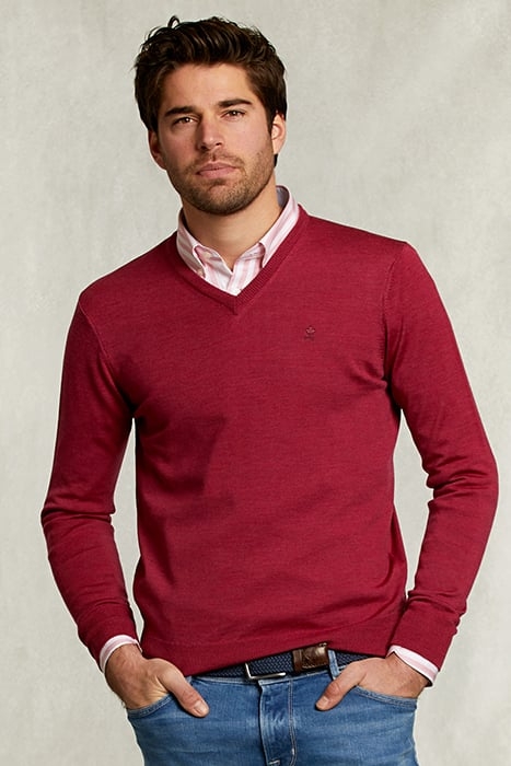 CUSTOM FIT MERINO V-NECK PULLOVER FRENCH BONBON MIX RED 1