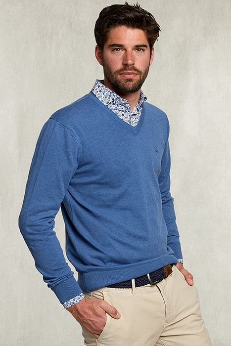 BASIC V-NECK PULLOVER DARK DENIM MIX BLUE 1