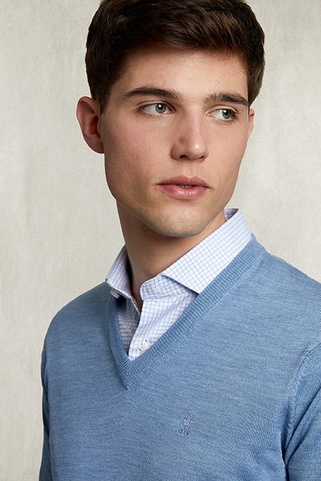 BASIC MERINO V-NECK PULLOVER DARK CHAMBRAY MIX BLUE 3