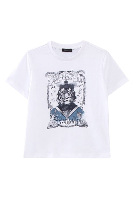 BOYS' WHITE ORGANIC COTTON T-SHIRT WITH TIGER-SAILOR IMAGE 1
