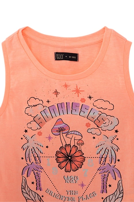 GIRLS’ NEON ORANGE VEST TOP, MUSHROOMS & PALM TREES IMAGES 3