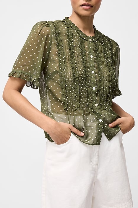 POLKA DOT SHORT SLEEVE RUFFLE TOP KHAKI/SUMMER WHITE 1