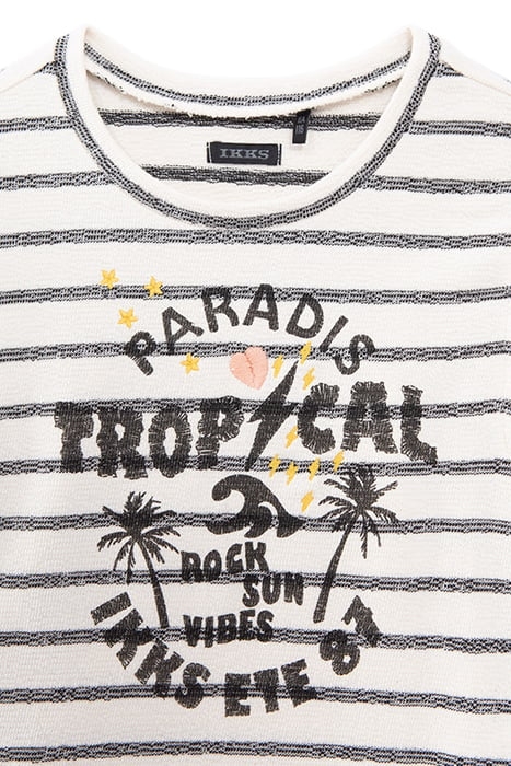 GIRLS' ECRU ORGANIC COTTON T-SHIRT, BLACK STRIPES & PALMS 3