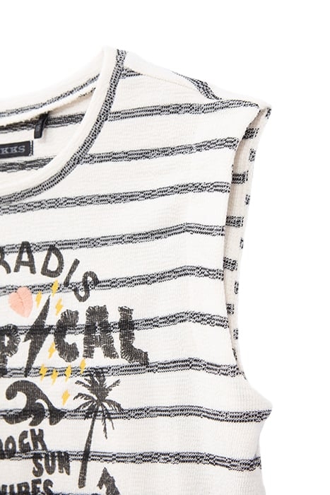 GIRLS' ECRU ORGANIC COTTON T-SHIRT, BLACK STRIPES & PALMS 4