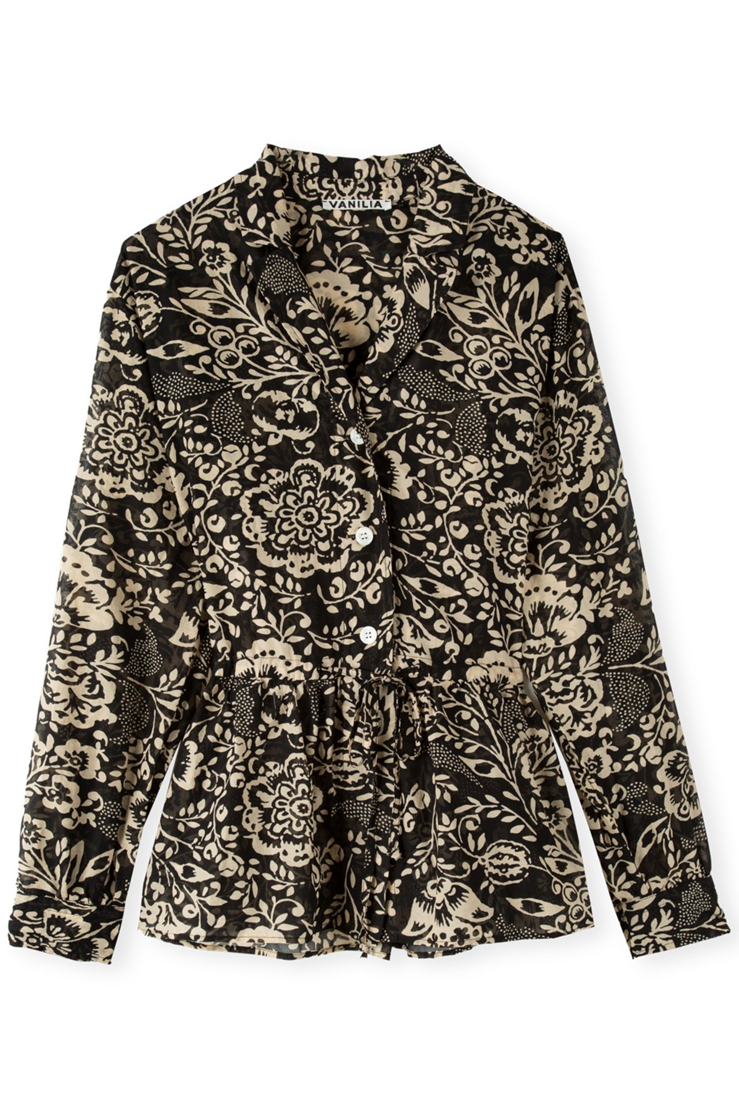 BLOUSE FLORAL GATHERED LINEN ANTIQUE/BLACK 3