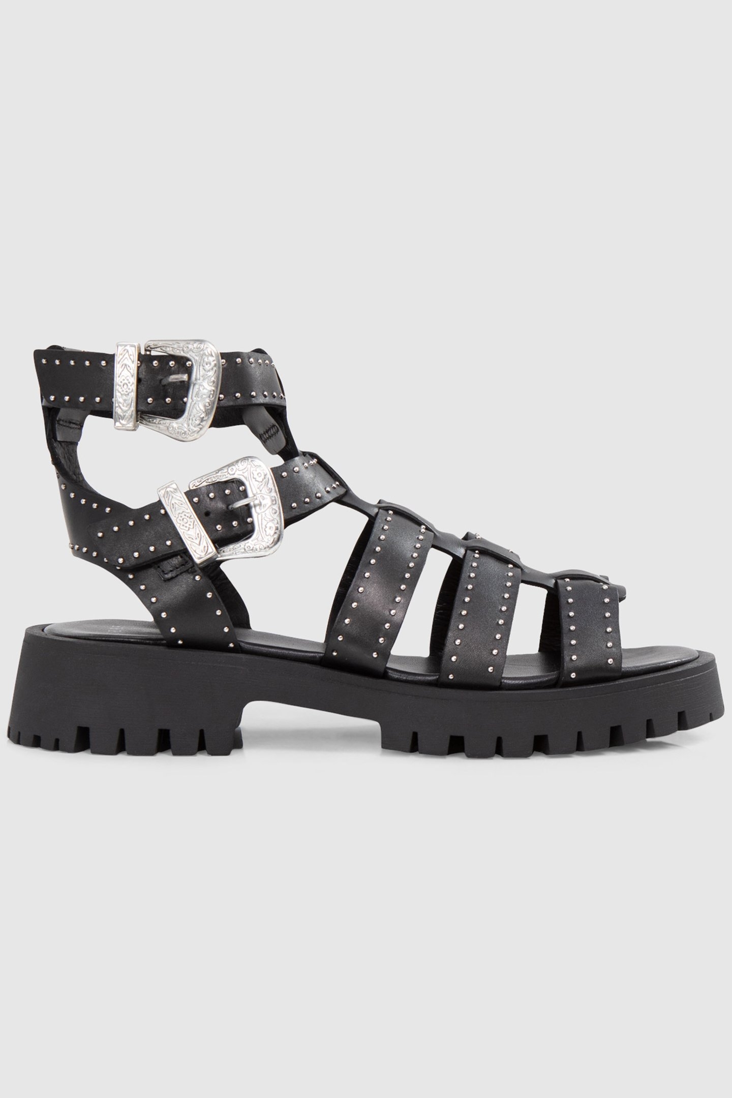 BLACK LEATHER CHUNKY SANDALS, STUDDED MULTI STRAPS 1