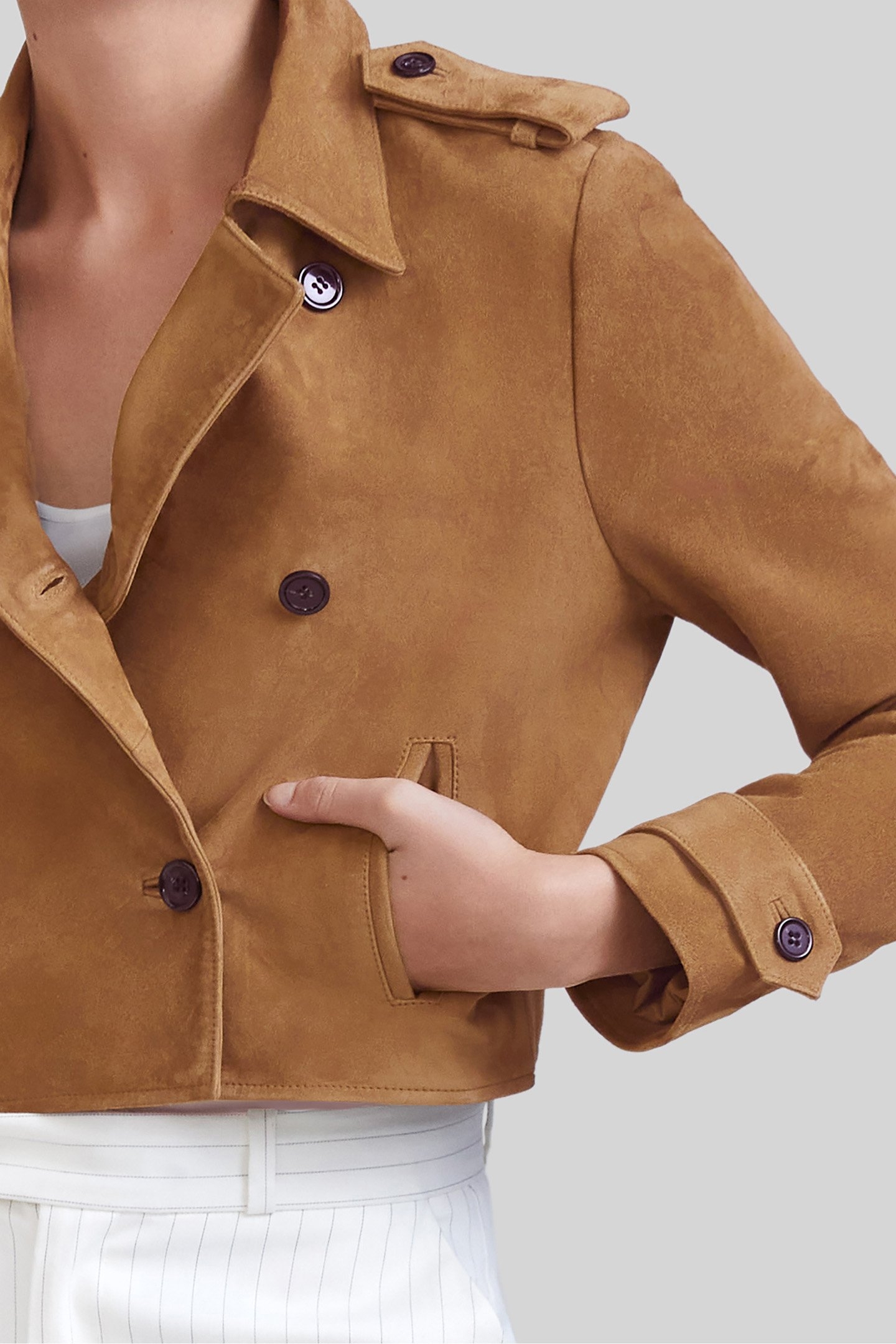 CAMEL SUEDE CROPPED PEA COAT 5