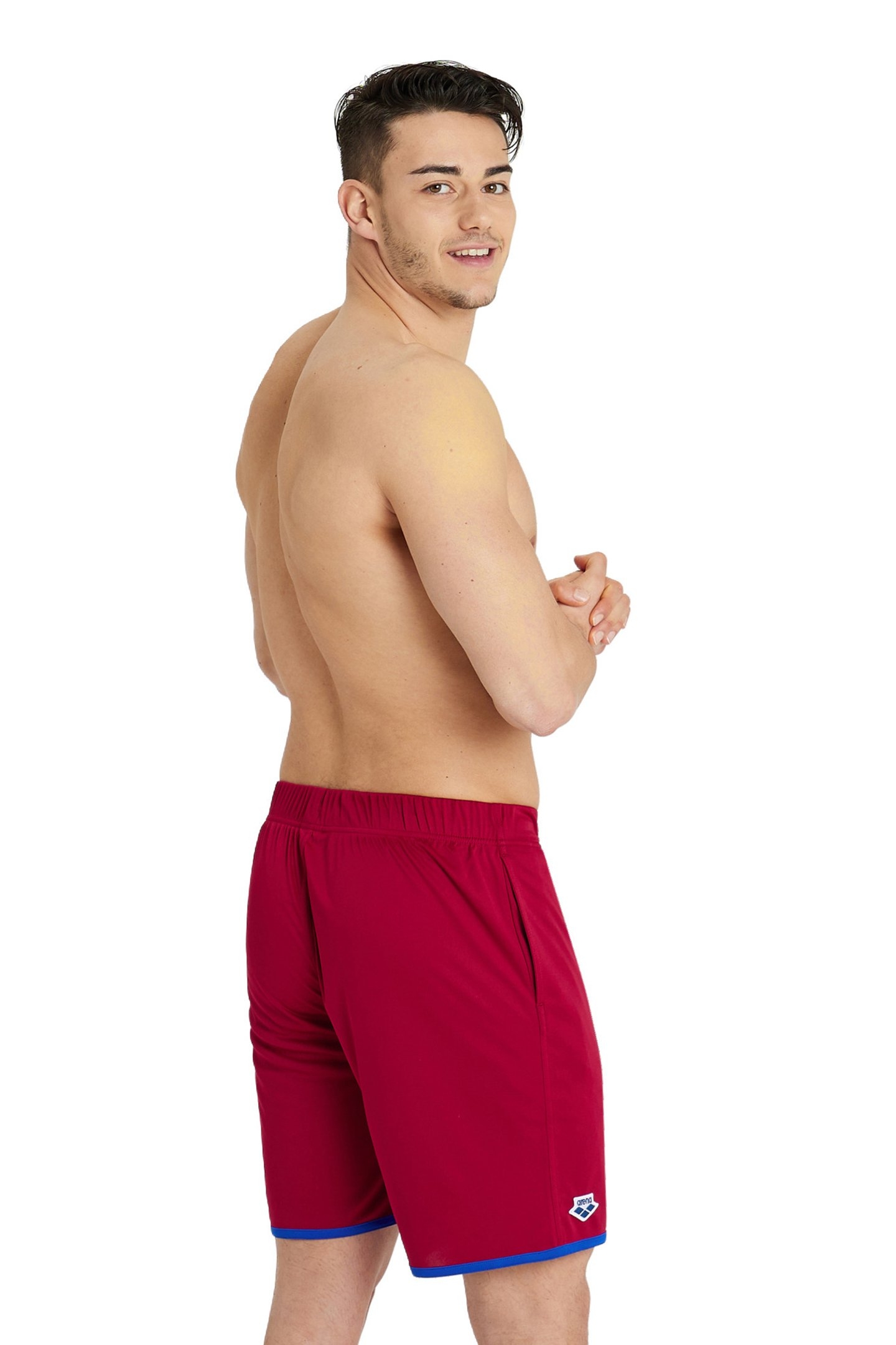 MEN'S ARENA ICONS BEACH BERMUDA LOGO BURGUNDY-NEON BLUE 2