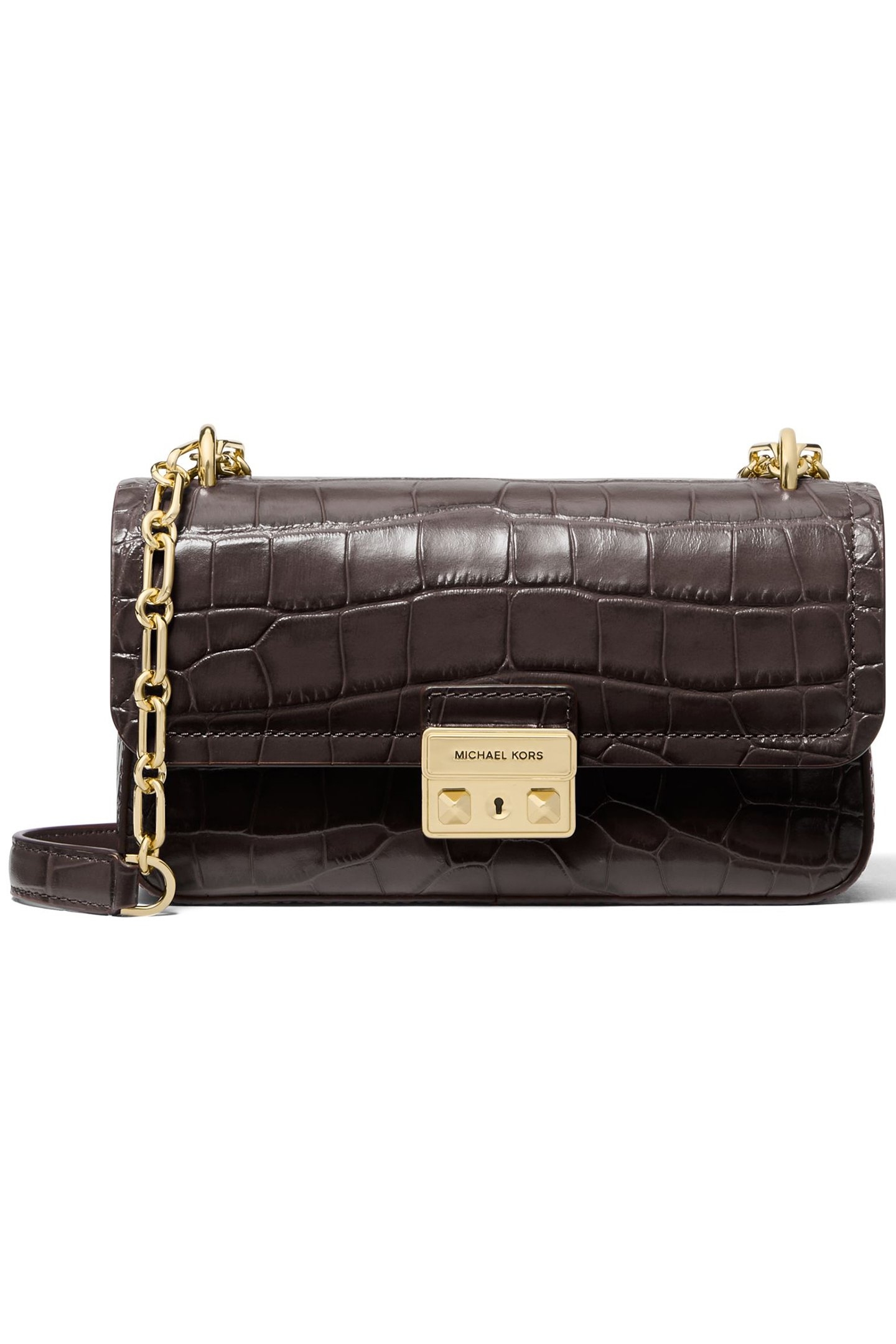 CHAIN STRAP CROC SHOULDER BAG IN CHOCOLATE BROWN 1