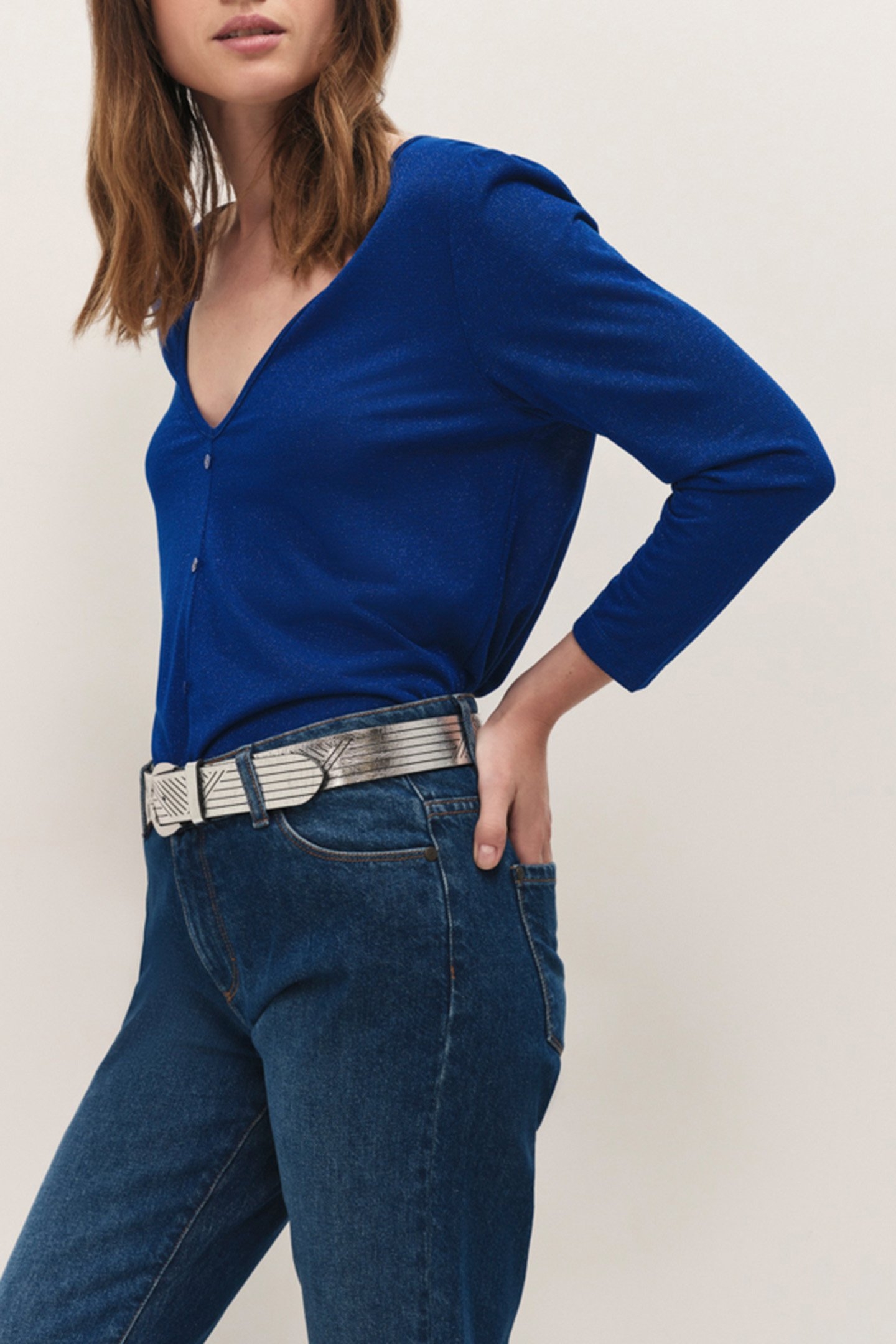 MEIJI - SAPPHIRE BLUE GLITTER T-SHIRT WITH BACK BUTTON DECOR 4