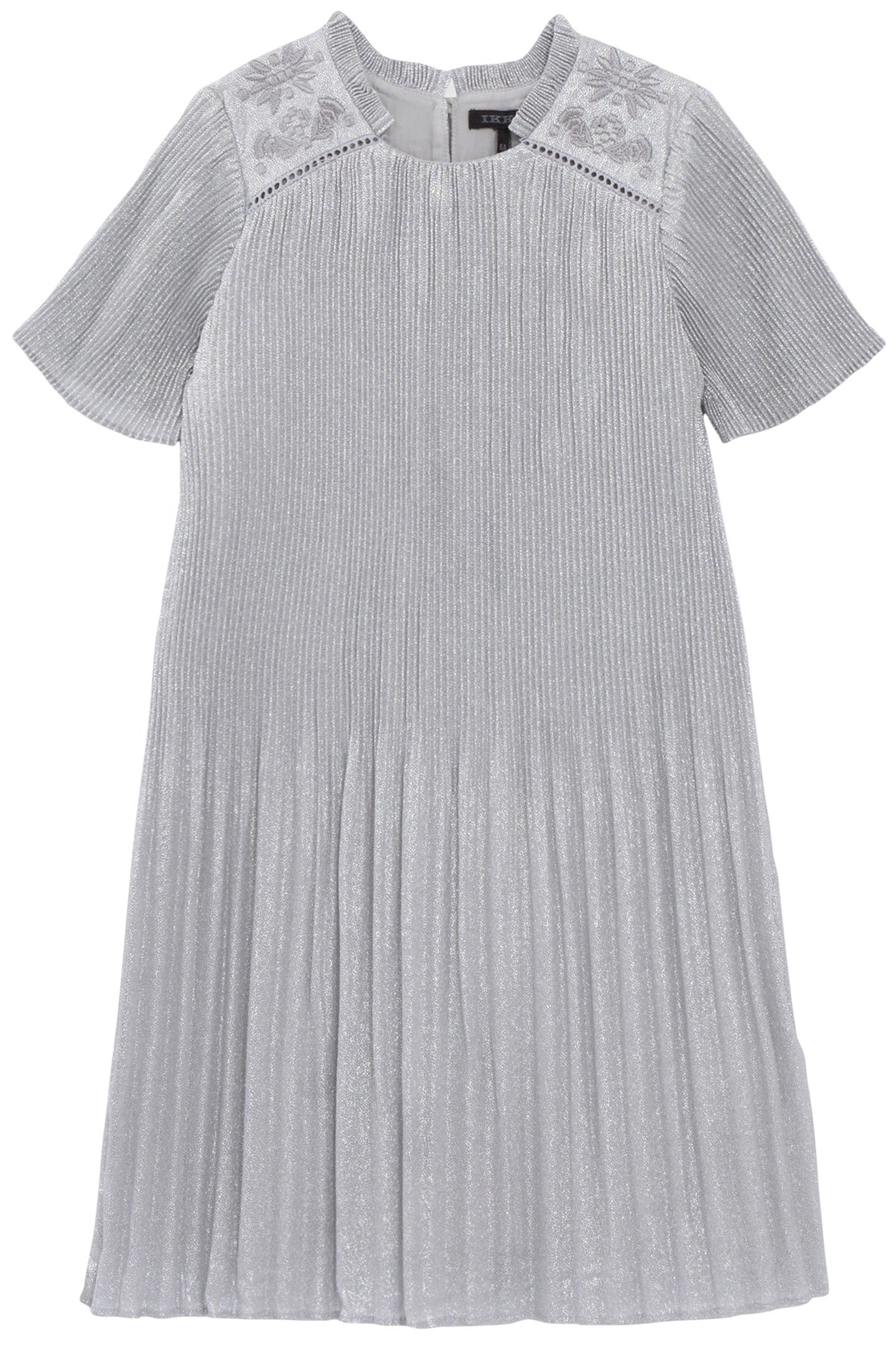 SILVERY PLEATED DRESS WITH EMBROIDERED SHOULDERS 1