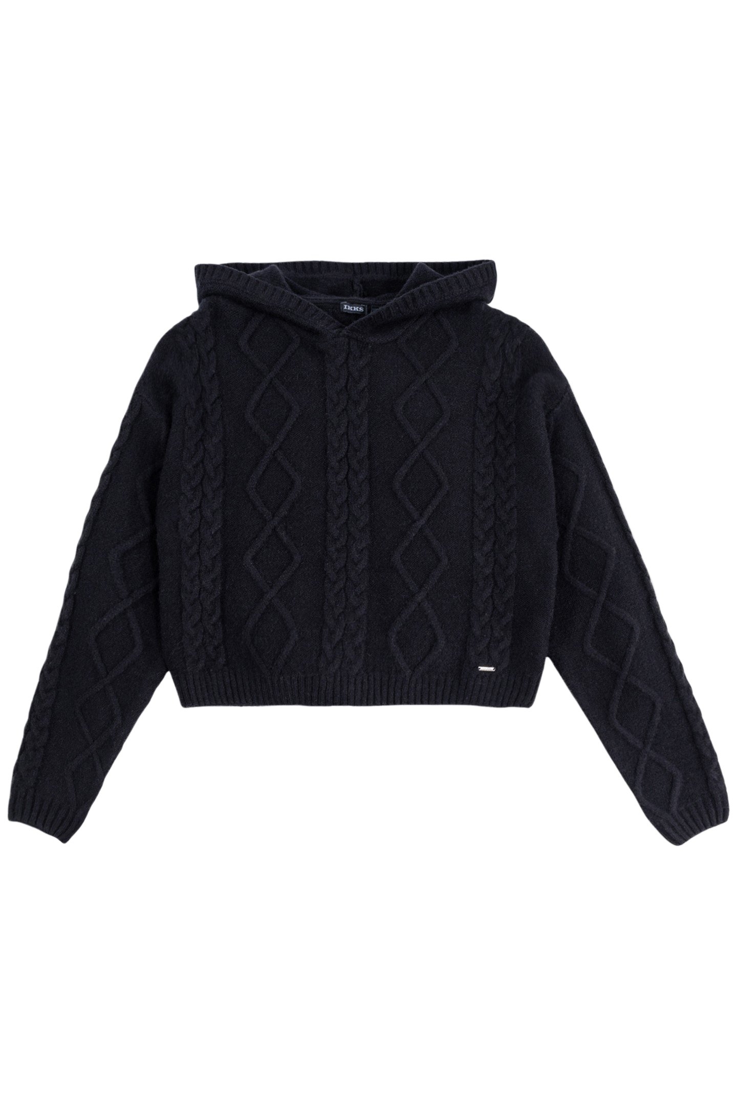 GIRL'S BLACK CABLE-KNIT HOODED SWEATER 1