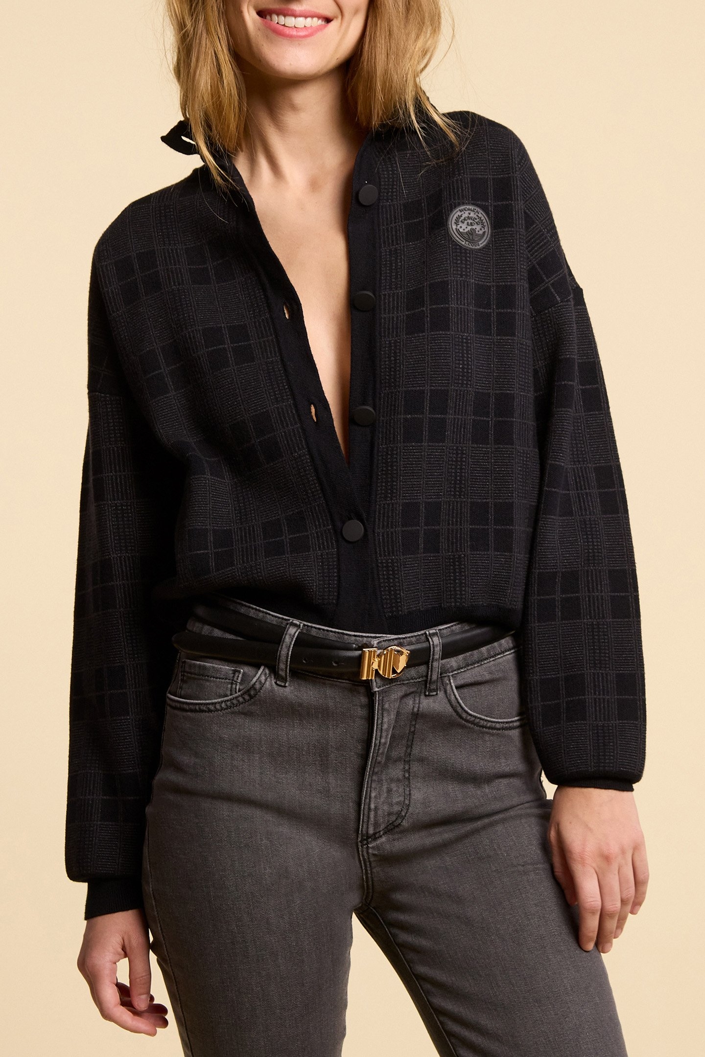 BLACK KNIT CARDIGAN WITH CHECK JACQUARD MOTIF 1