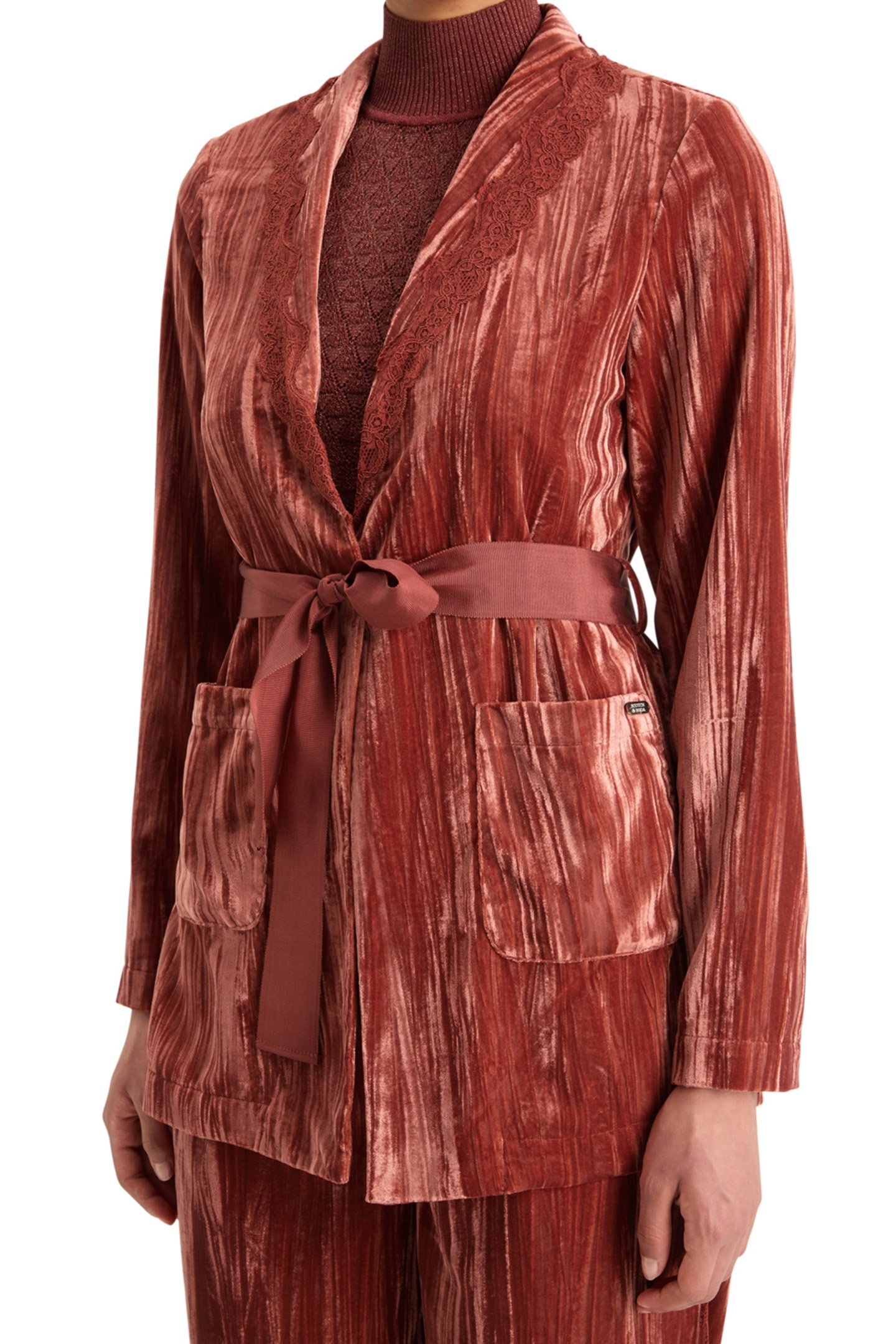 LACE TRIMMED VELVET PYJAMA BLAZER RUST 7