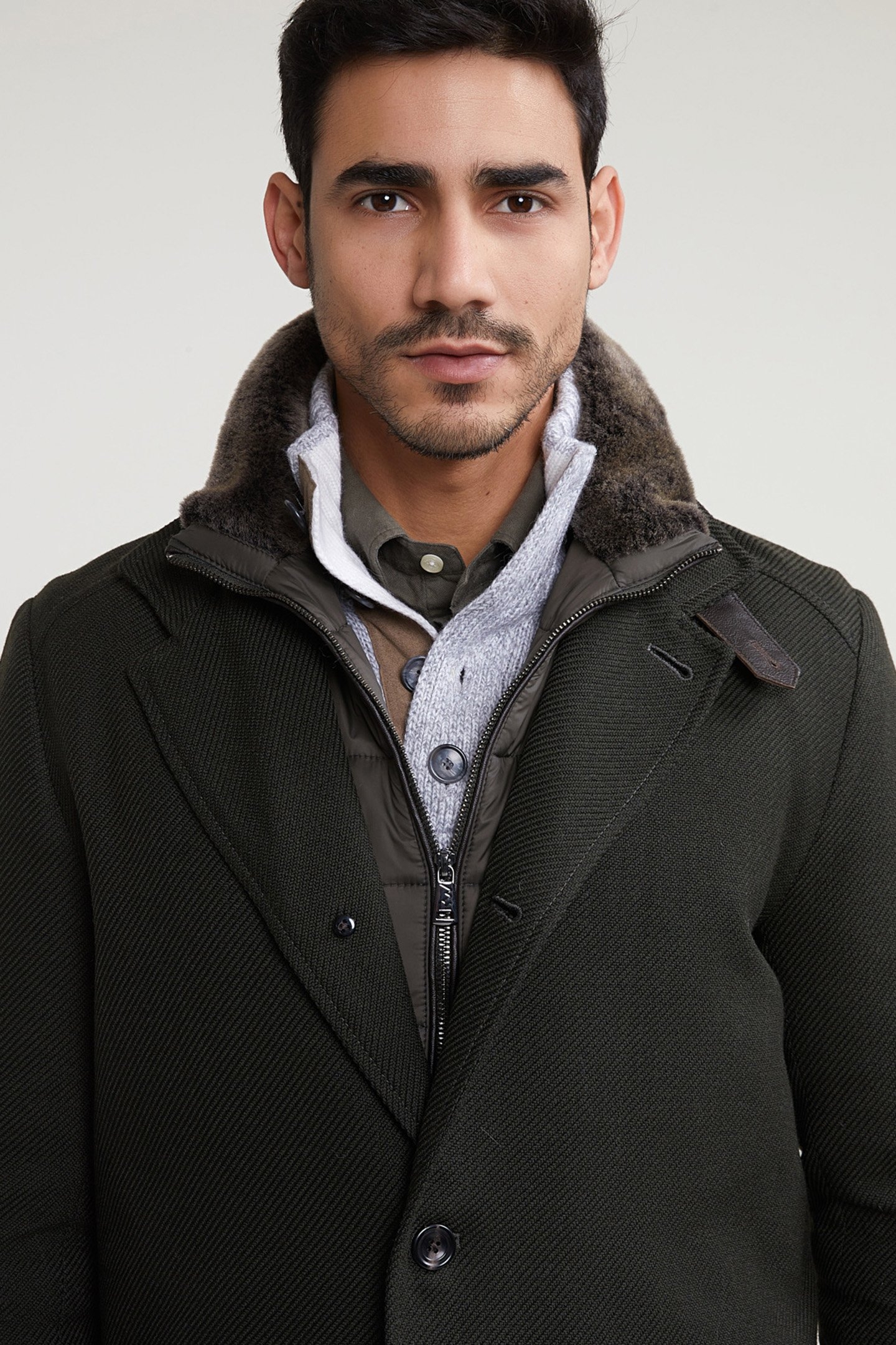 COAT VIRGIN WOOL/COTTON DETACHABLE FUR COLLAR KHAKI 5