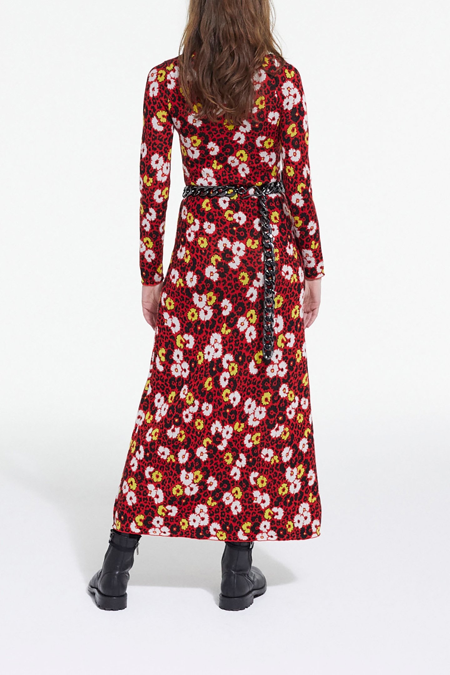 LONG WOOL DRESS IN FLORAL JACQUARD DARK RED 2
