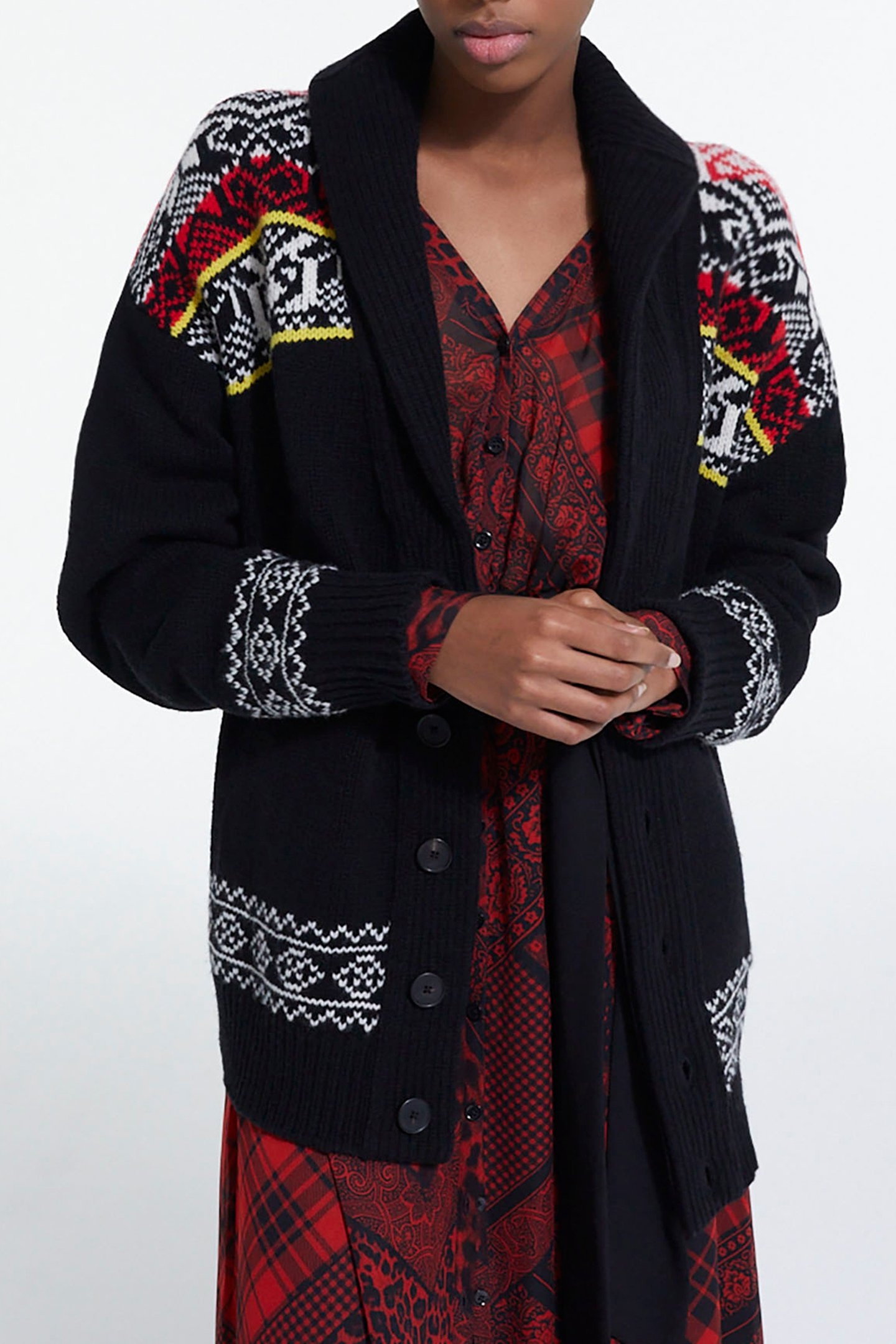 CARDGIGAN COL CHALE JACQUARD BLACK/RED/YELLOW 1