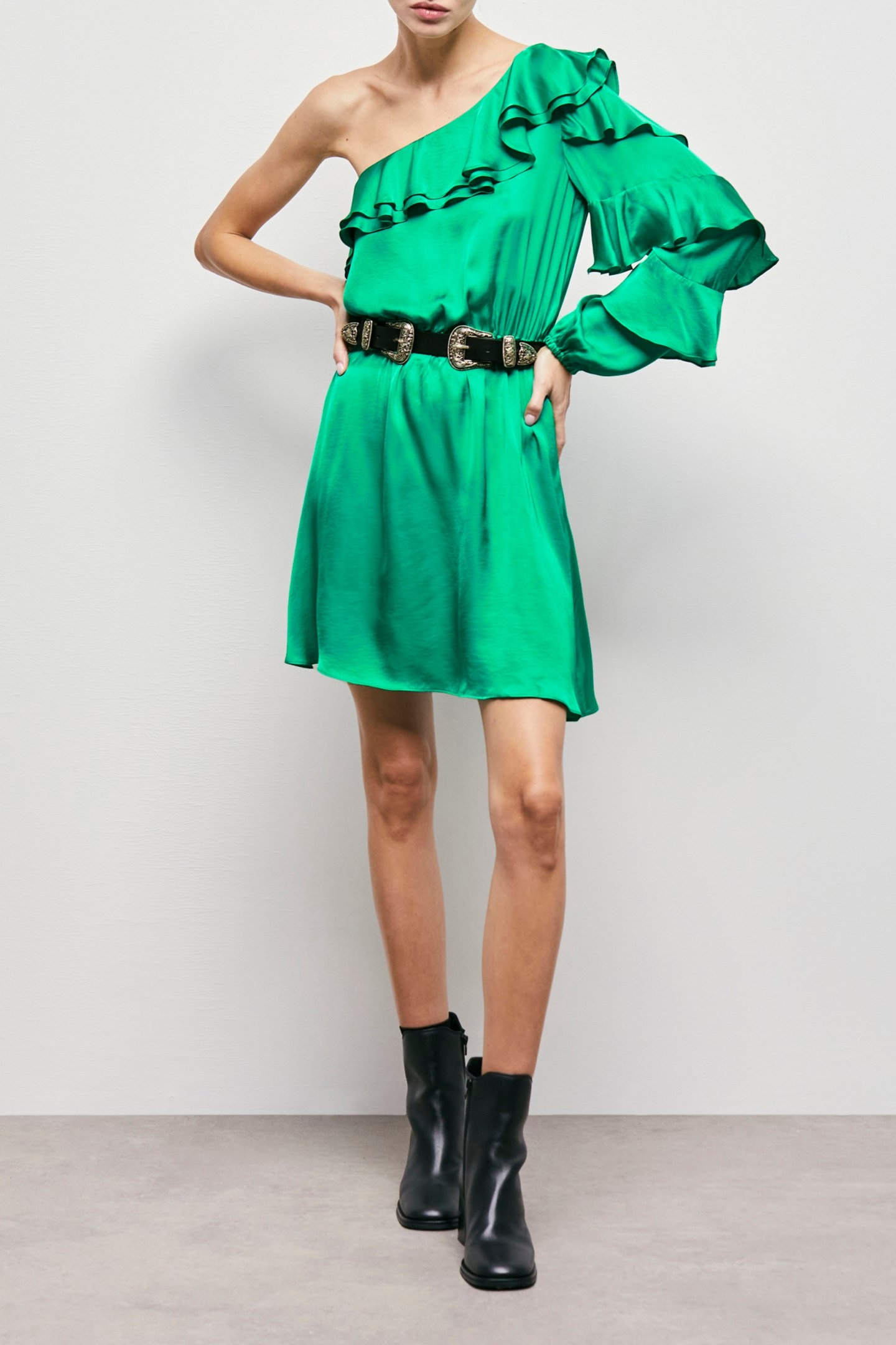 SHOULDER DRESS WITH LONG SLEEVES AND RUFFLES GREEN 4