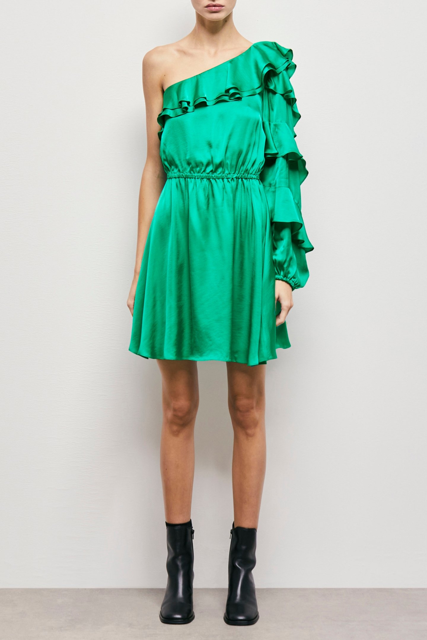 SHOULDER DRESS WITH LONG SLEEVES AND RUFFLES GREEN 1