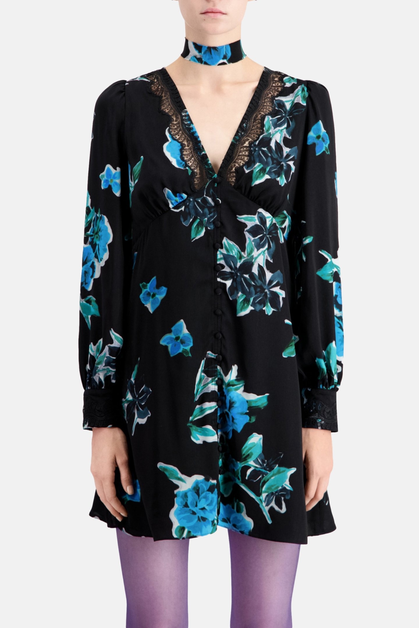 SHORT PRINTED V-NECK DRESS BLACK BLUE 1