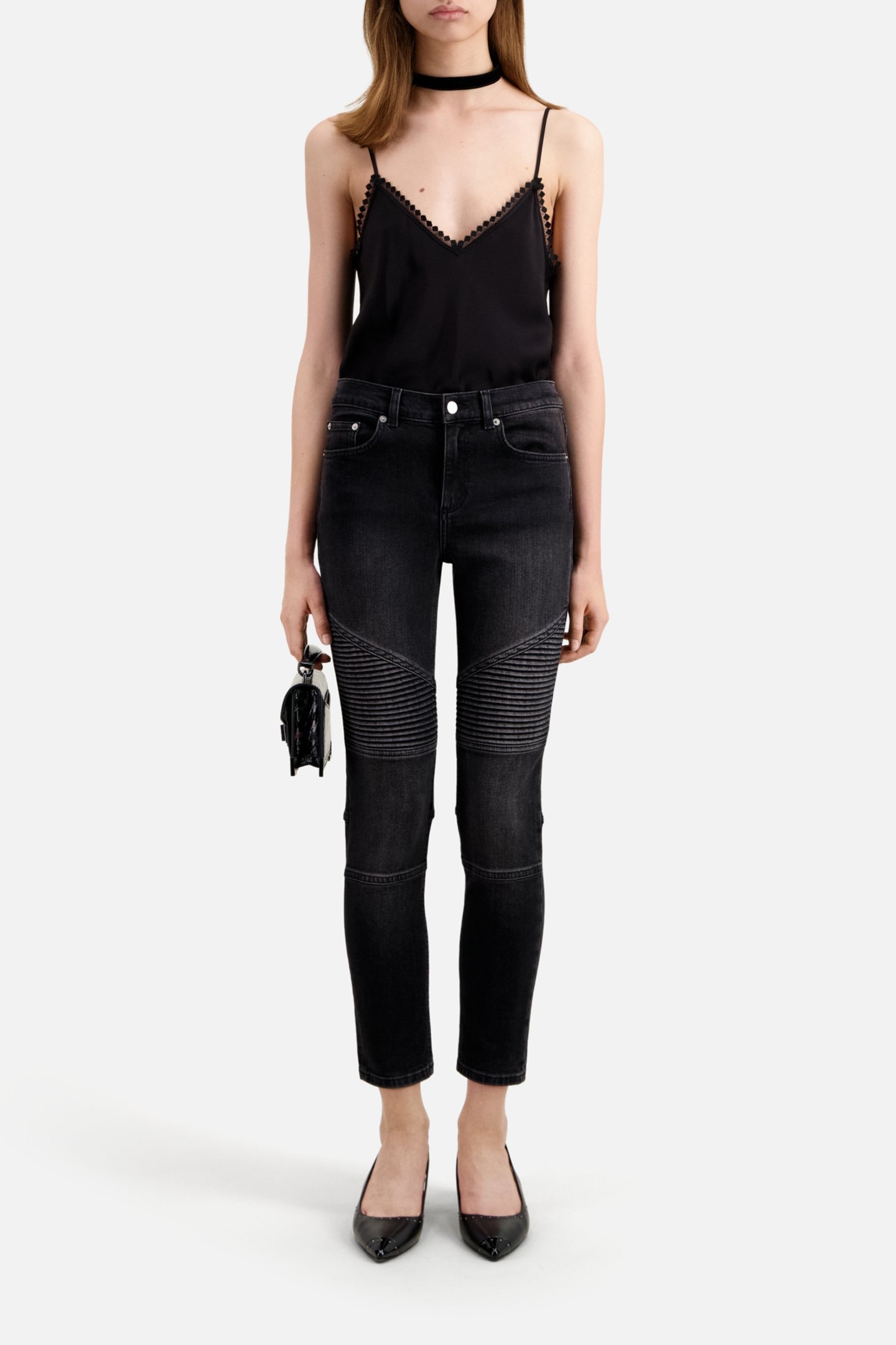 SLIM BLACK DENIM MOTORCYCLE JEANS 1