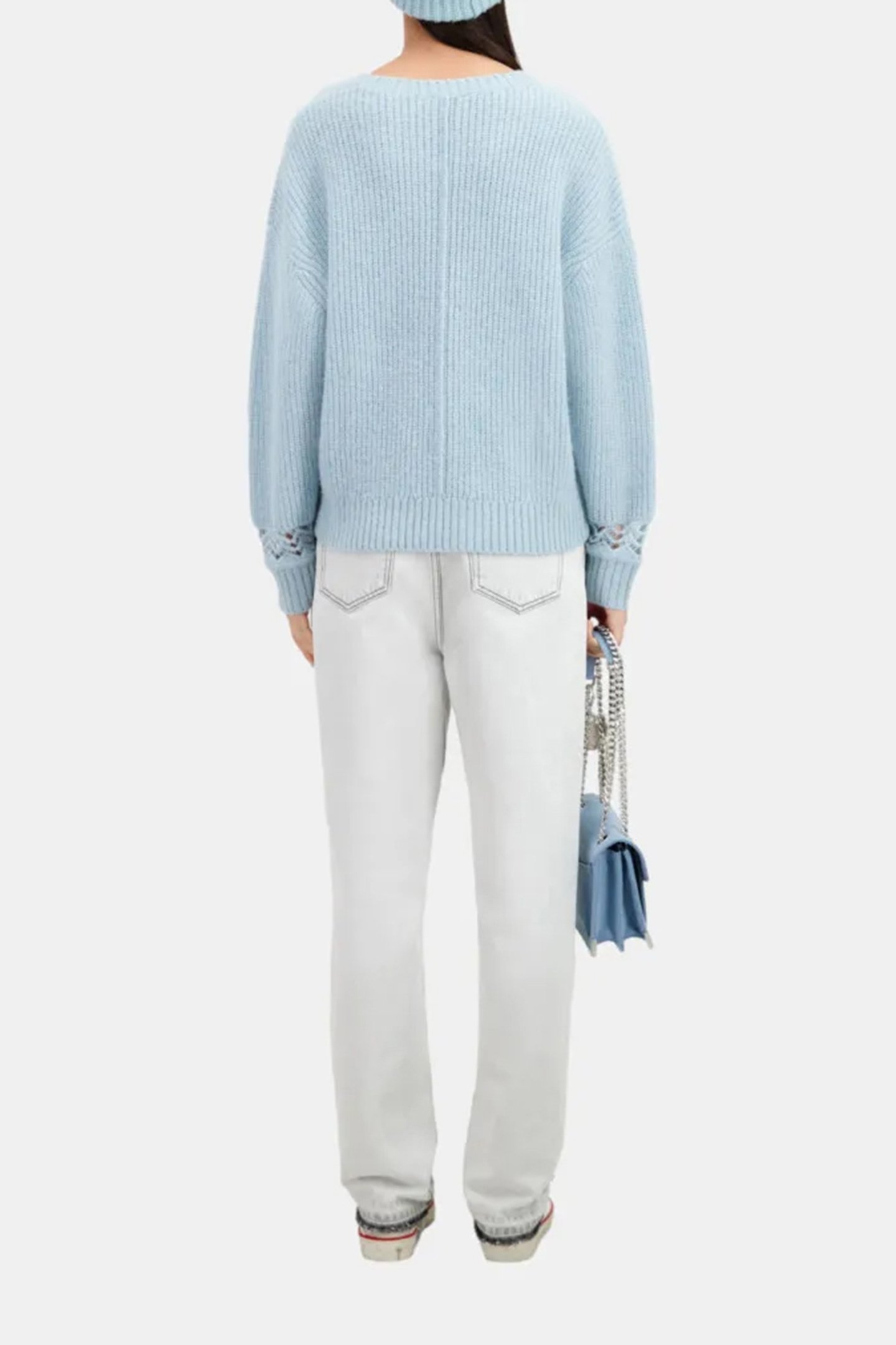 ROUND NECK SWEATER IN PEARL AND POINTELLE RIB BLUE GREY 2